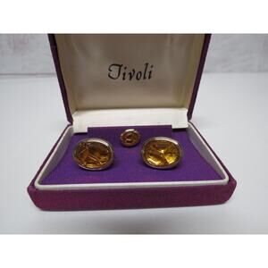 Tivoli Faux Amber Gold Tone Cufflinks & Tie Pin Chain Set